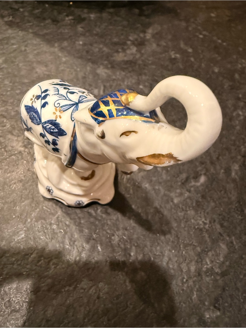 Blue and Gold Porcelain Elephant Figurine - Decorative Home Art